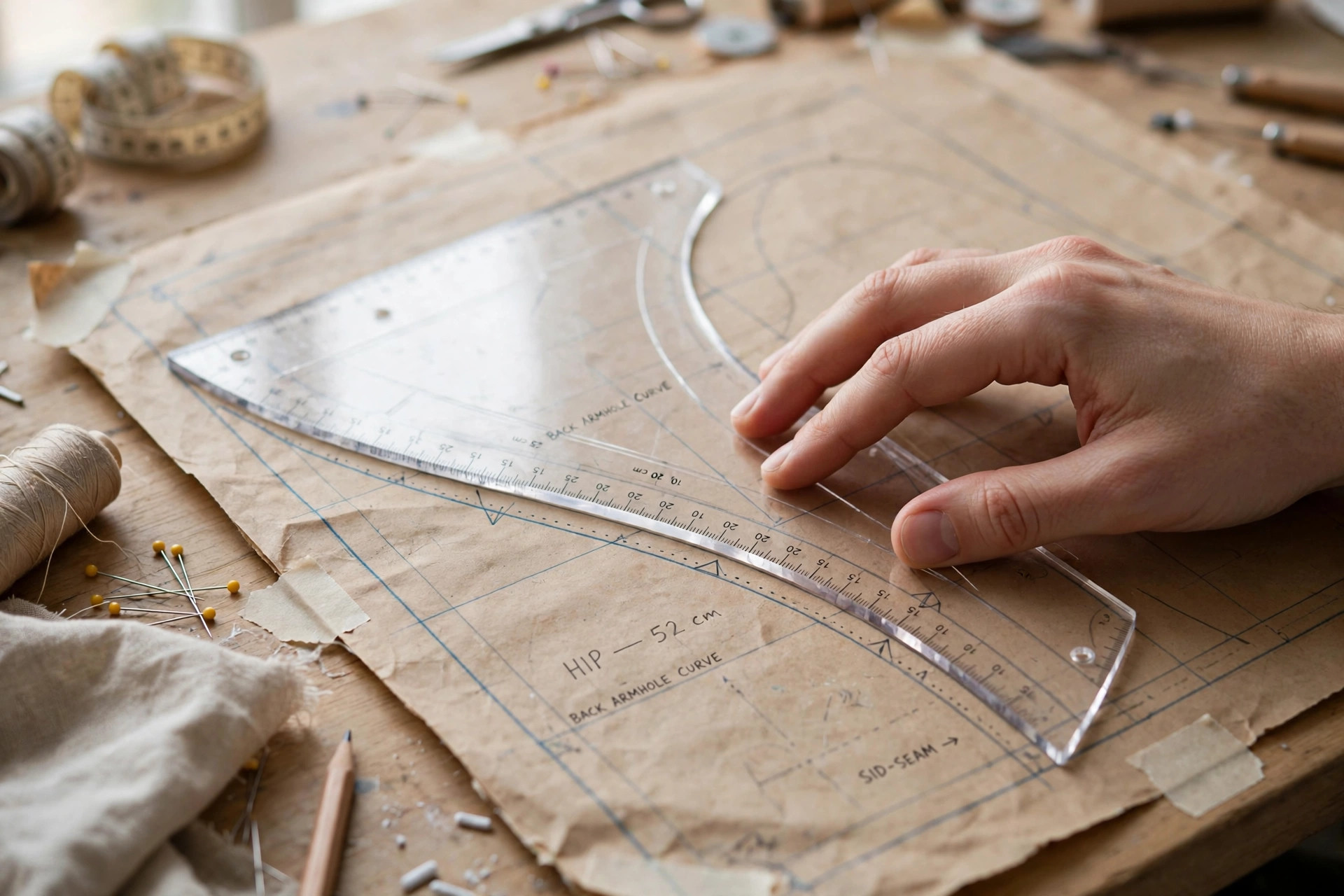 Hand smoothing a curved pattern line with a French curve ruler on paper
