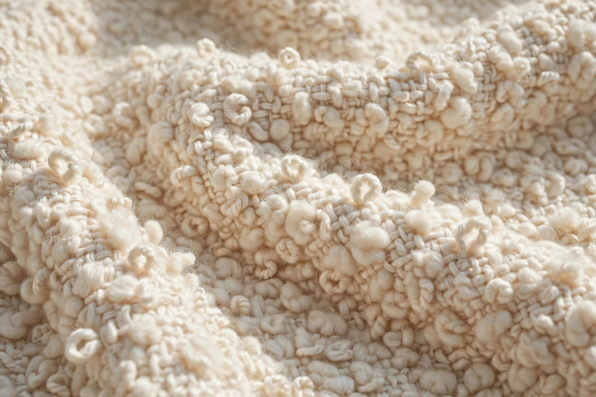 Nubby cream bouclé fabric with looped yarns and a textured surface