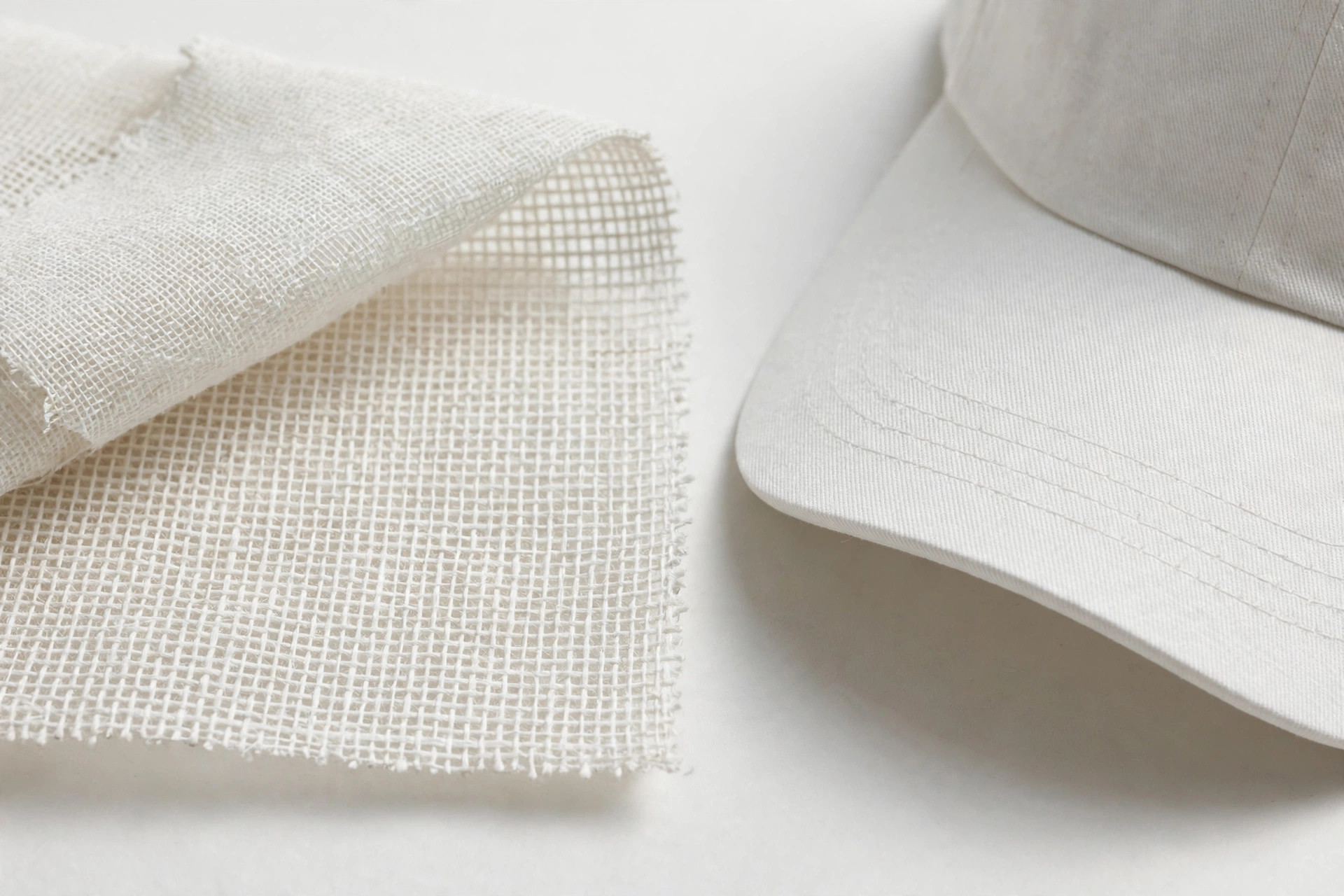 Close-up of stiff white buckram open-weave fabric beside the cap brim it stiffens