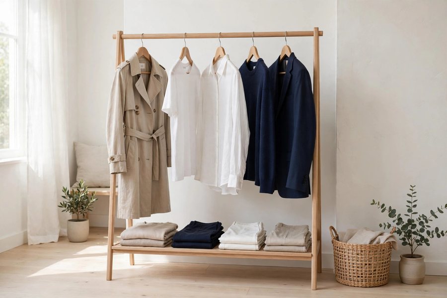Minimalist capsule wardrobe clothing rack with neutral-toned versatile garments