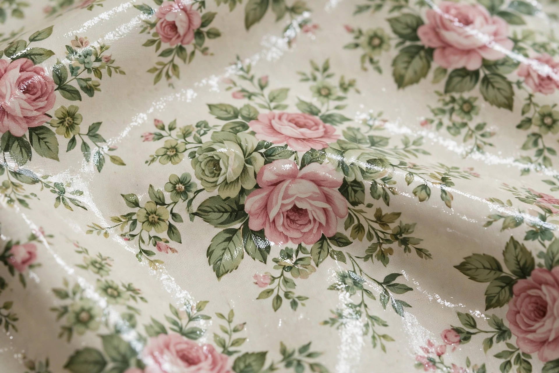 Floral chintz fabric with a glazed finish in rose and green