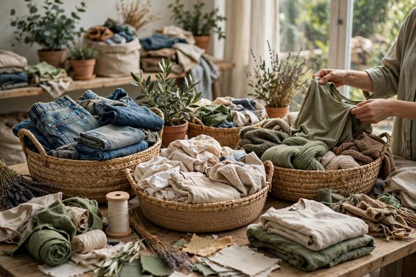 Clothing being sorted for reuse in a textile recycling facility