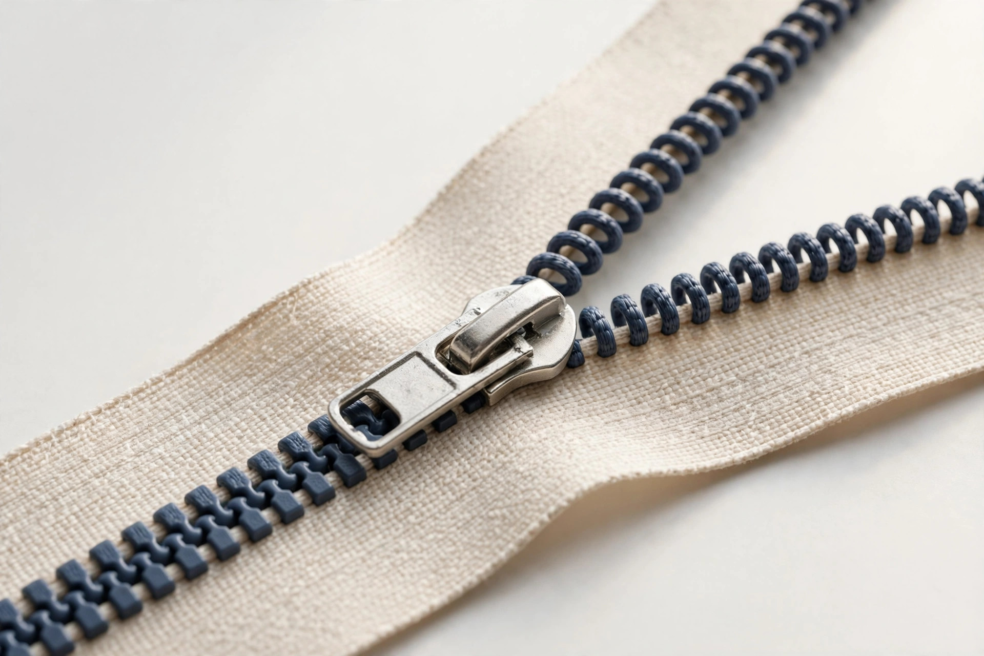 Close-up of a coil zipper showing the continuous nylon spiral teeth and slider
