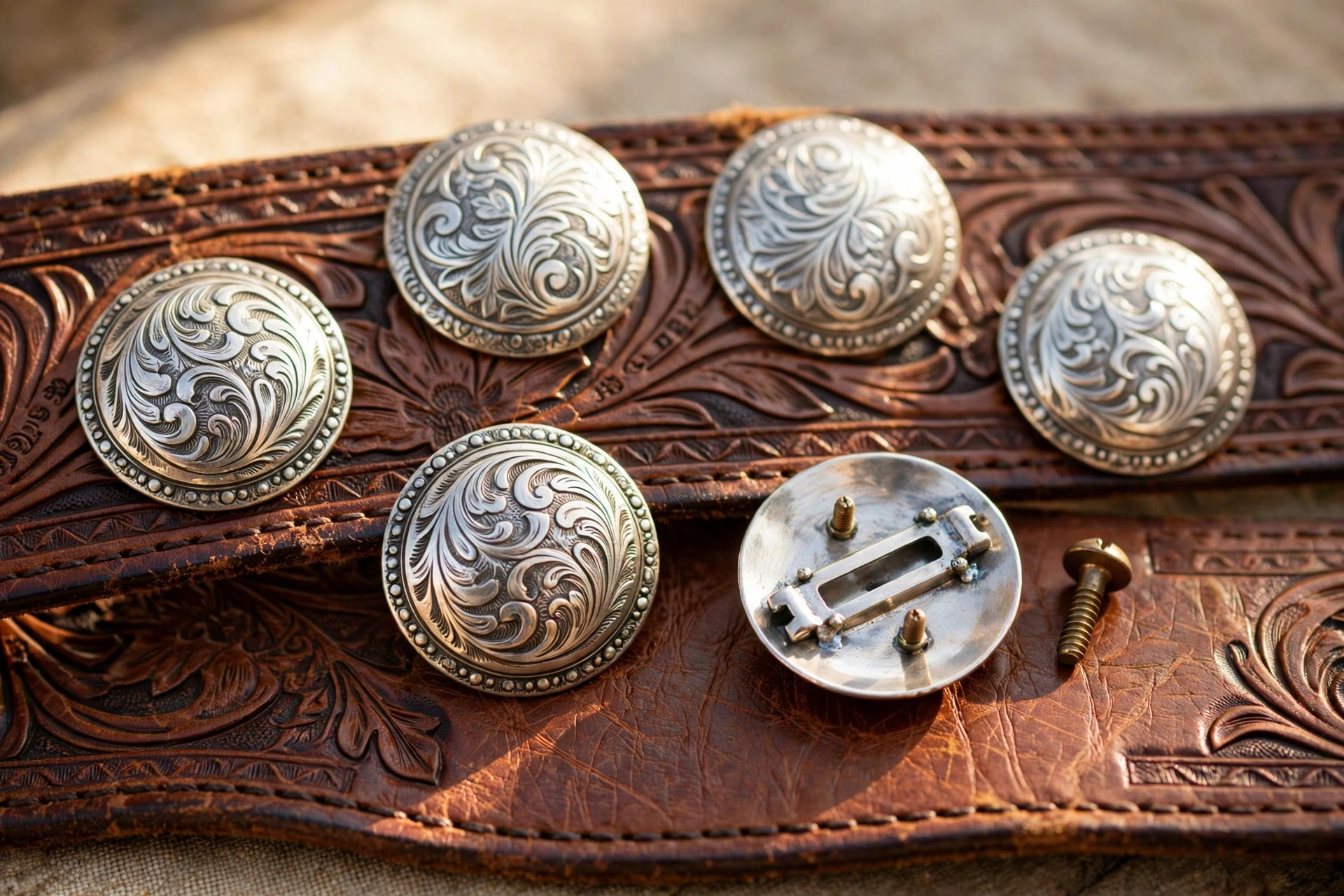 Engraved silver conchos with Western floral scrollwork on a tooled brown leather belt, one concho turned over to show its slot and screw-post back