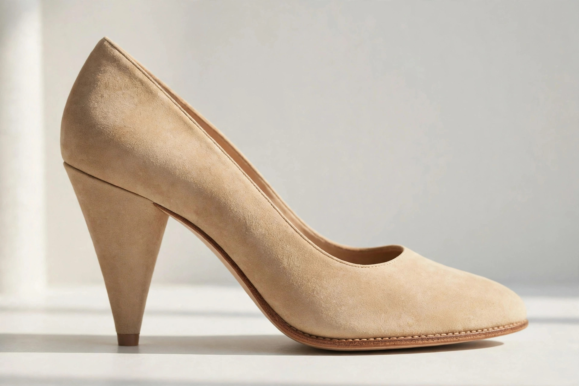 Side view of a women's high-heeled shoe with a cone heel tapering from a wide top at the sole to a narrower point at the base