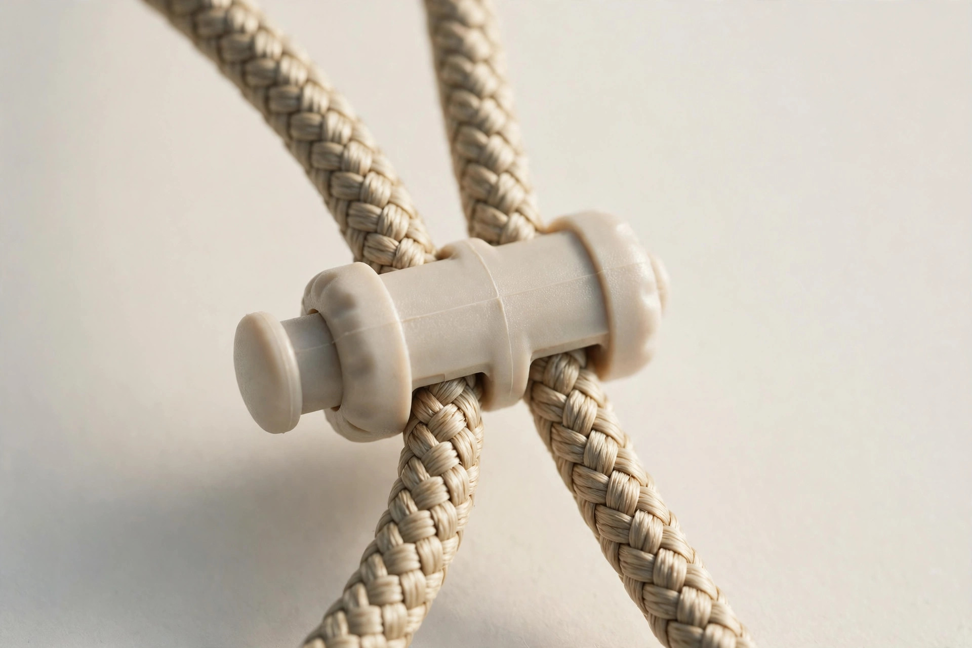 Close-up of a spring-loaded plastic cord lock toggle gripping a braided drawcord