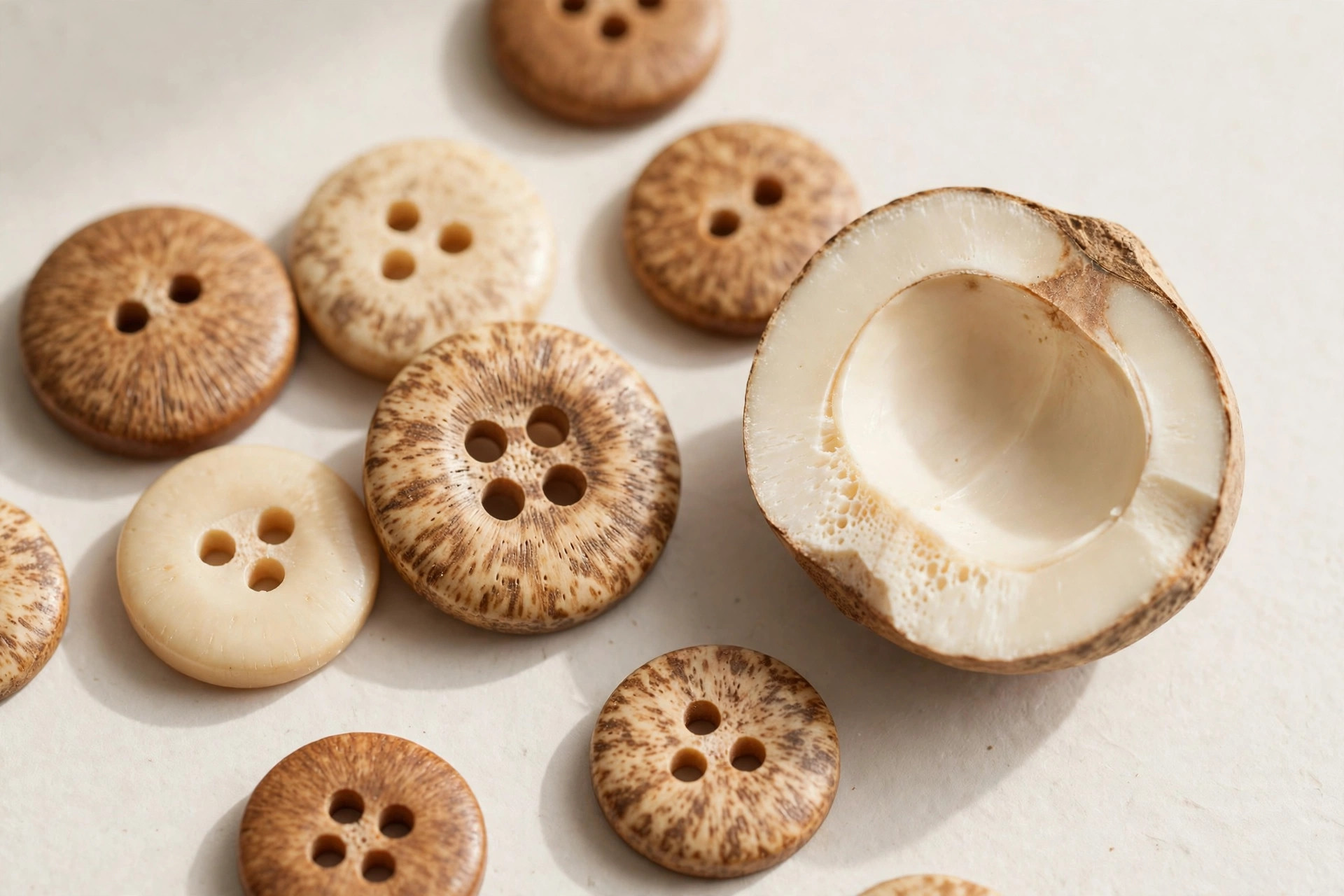 Close-up of natural corozo buttons with visible grain beside a halved tagua nut