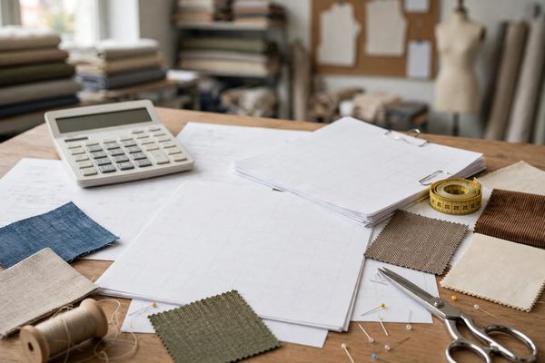 Calculator and fabric cost documents in an apparel production office