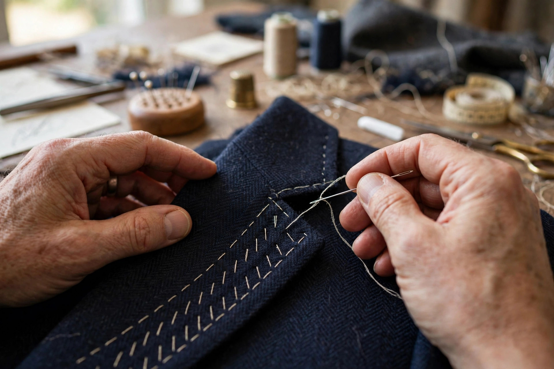 Hands working pad stitches in rows through a jacket lapel with needle and thread