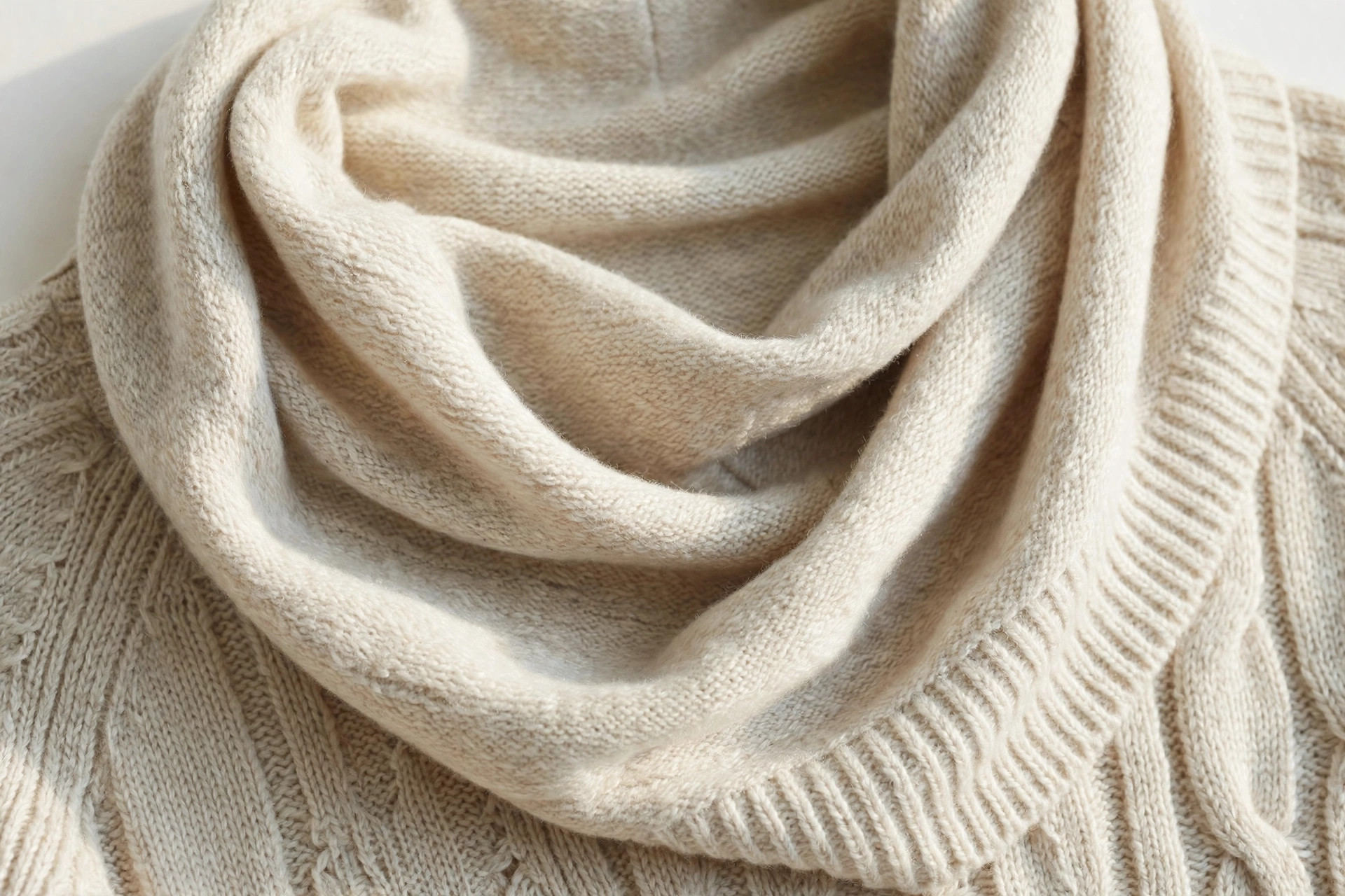 Close-up of a softly draped cowl neckline on a knitted sweater