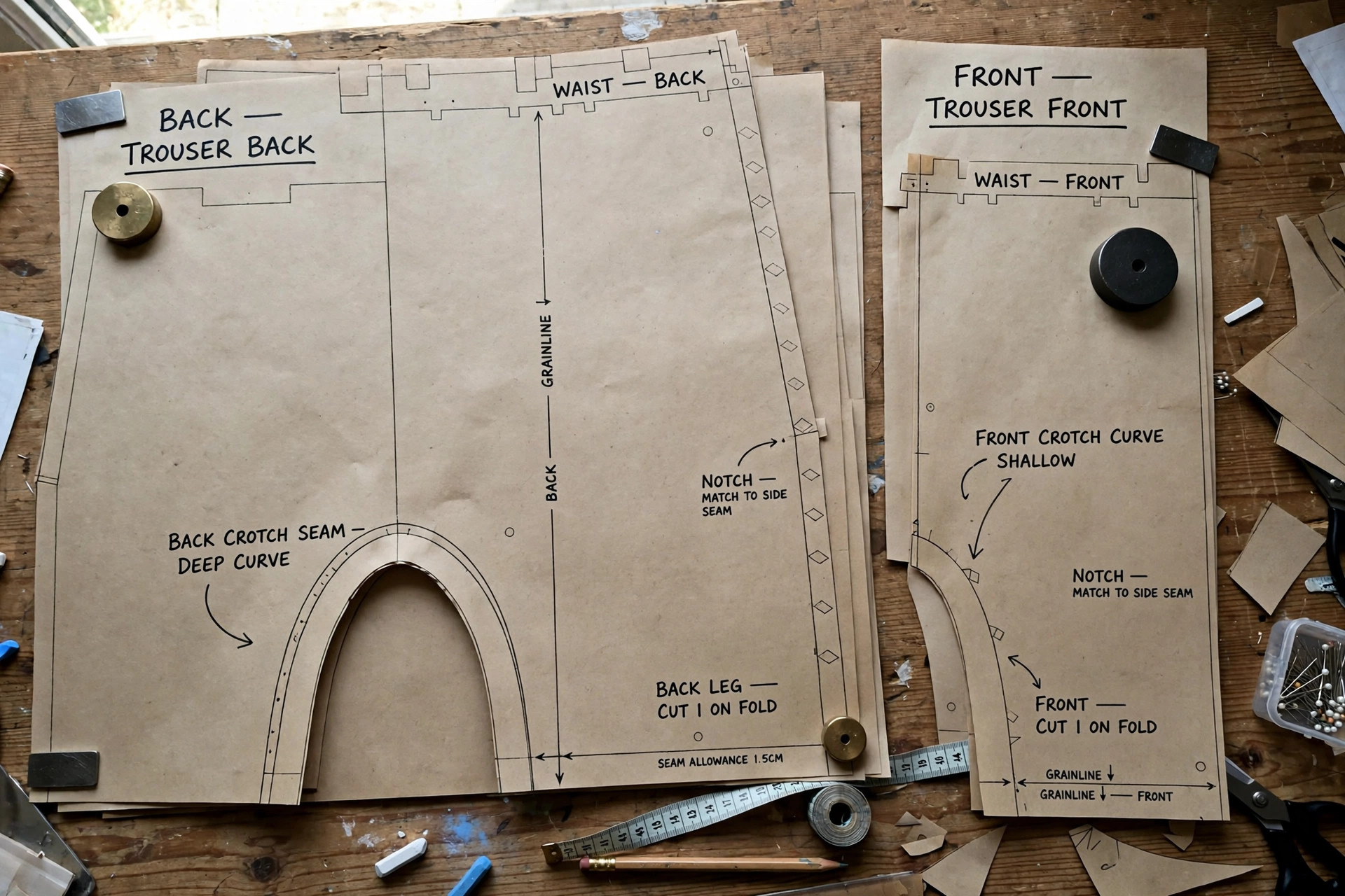 Trouser pattern pieces showing the curved front and back crotch seams