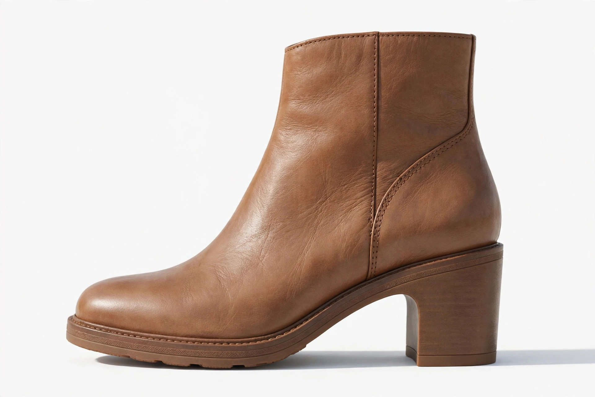 Side view of a boot with a short, wide Cuban heel showing its straight front edge and curved back
