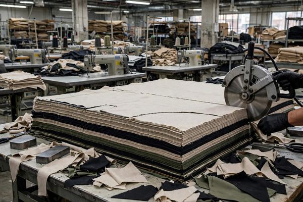 Fabric being cut on a large table and sewn in a clothing factory