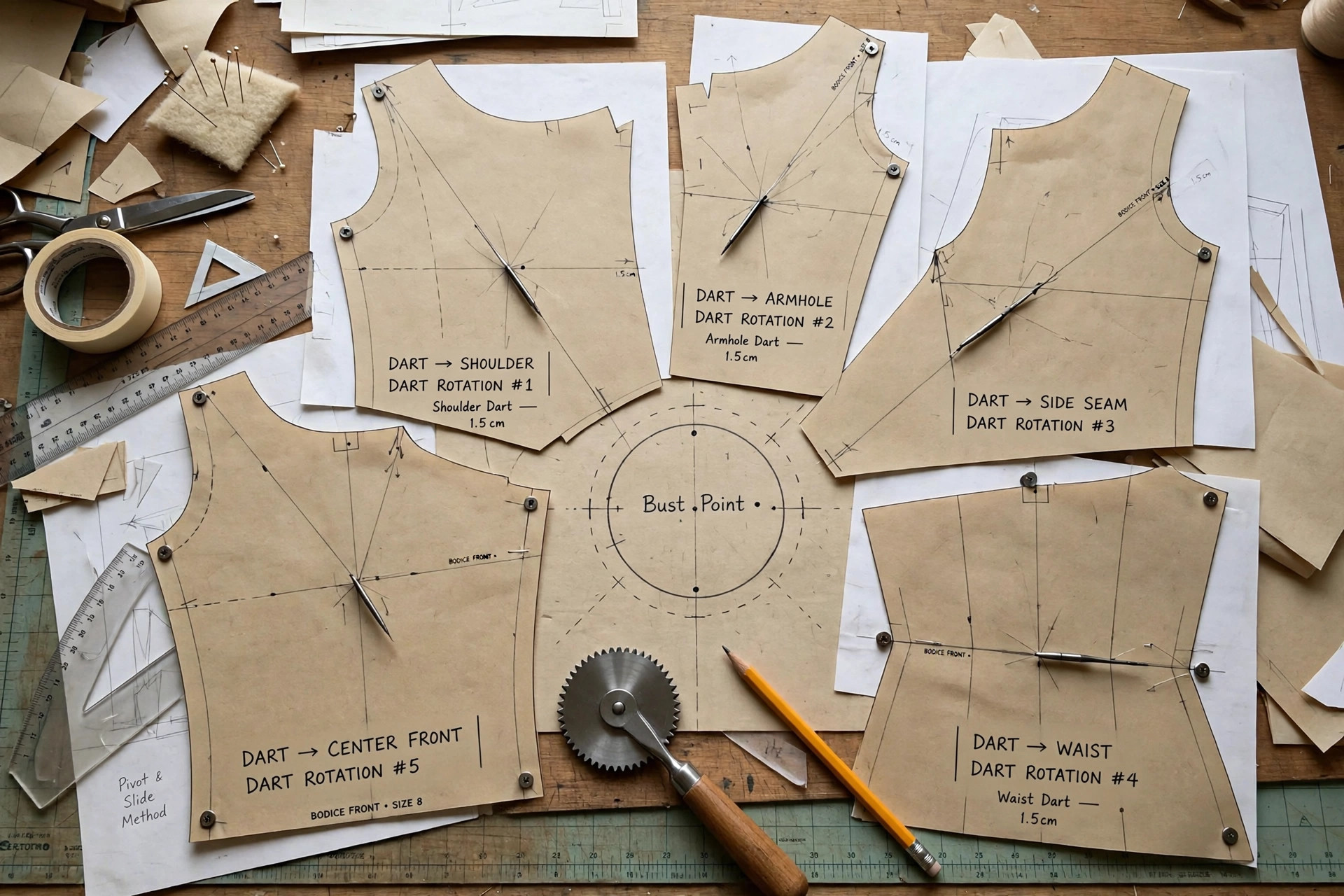 Bodice pattern pieces showing darts rotated to different positions around the bust point