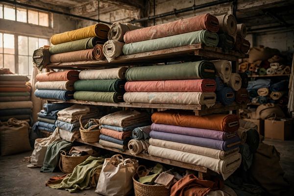 Colorful bolts of deadstock fabric in a textile warehouse