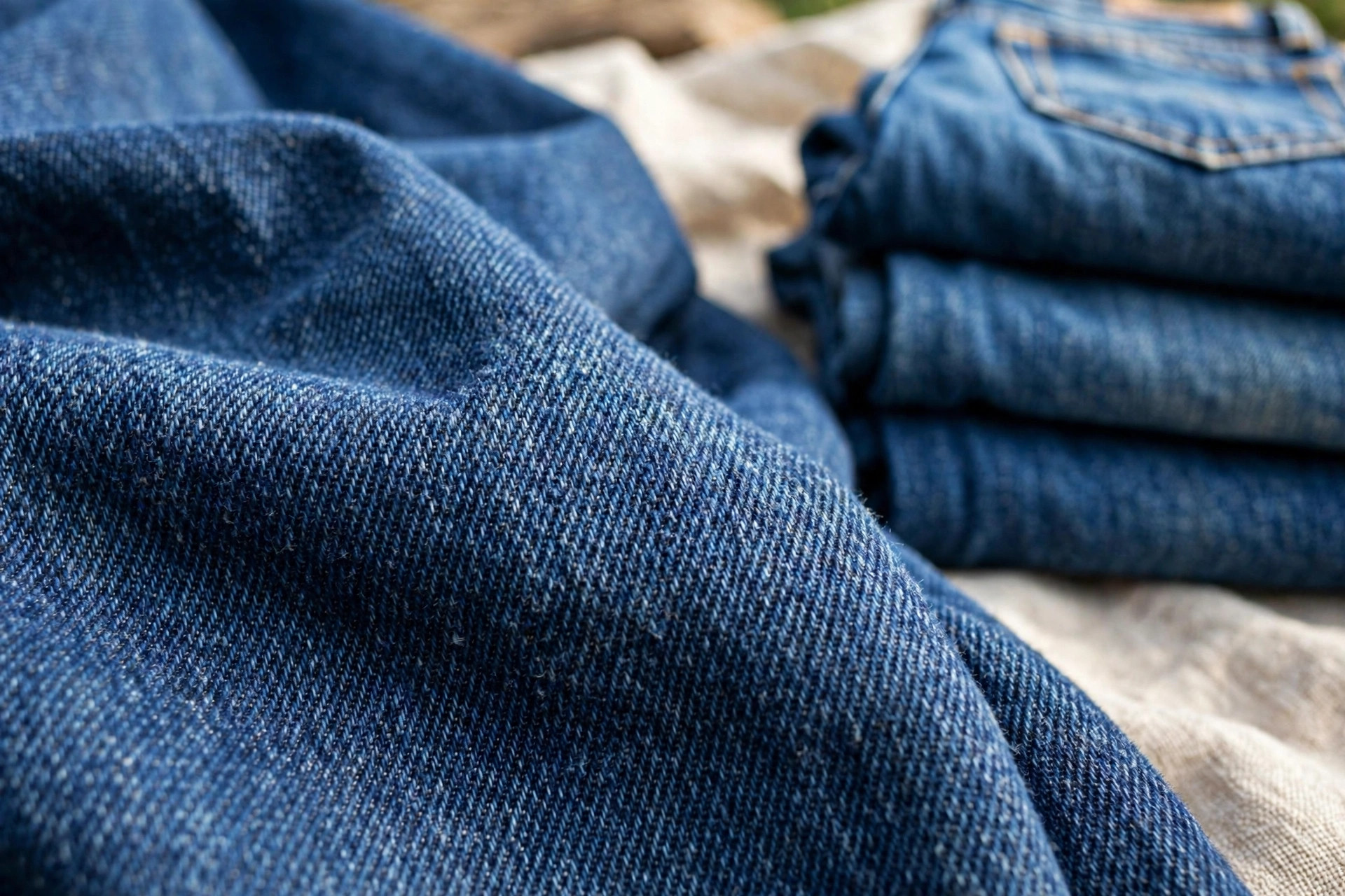 Folded stack of indigo denim fabric showing the diagonal twill texture