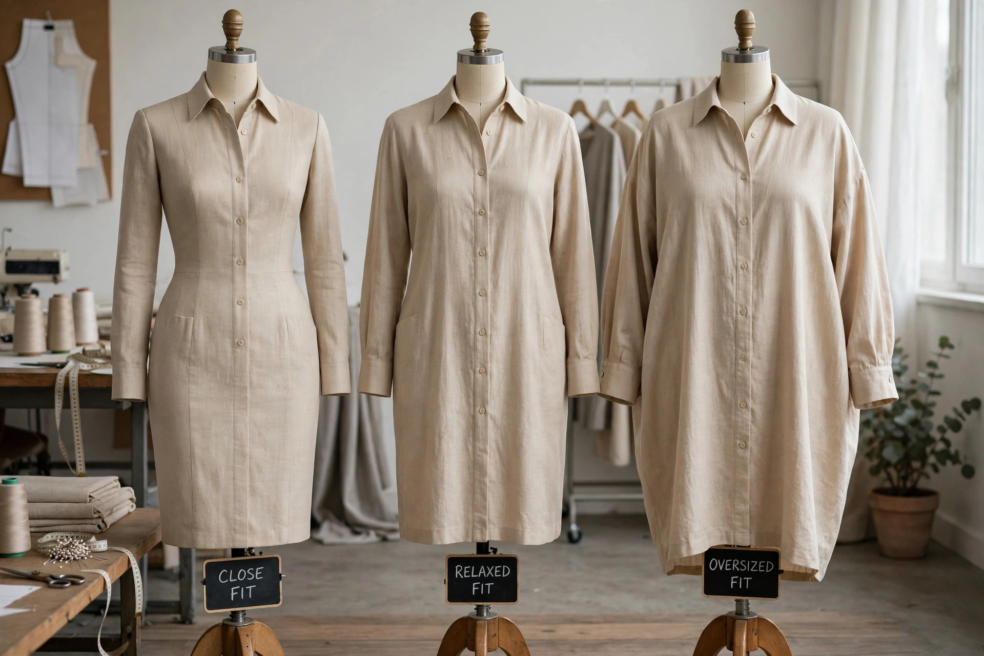 Three garments in increasing fullness showing close, relaxed and oversized silhouettes