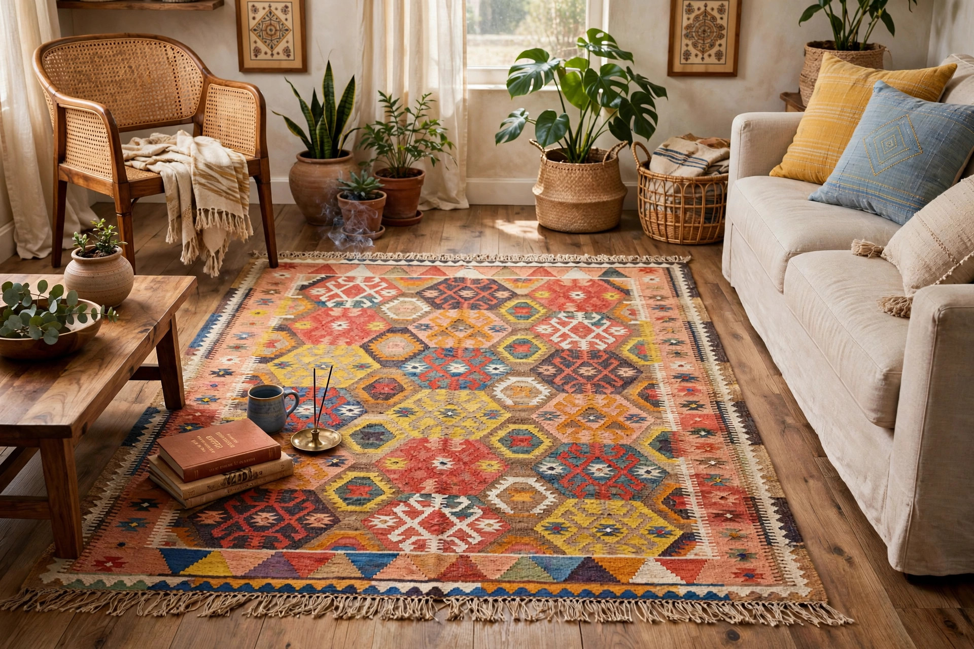 Colorful flat-woven Indian dhurrie rug with geometric patterns