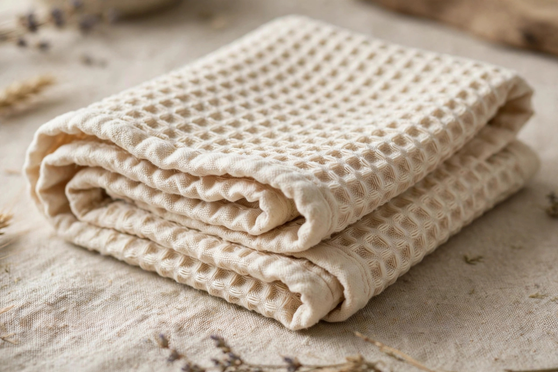 Woven cotton dishcloth with waffle texture in natural tones