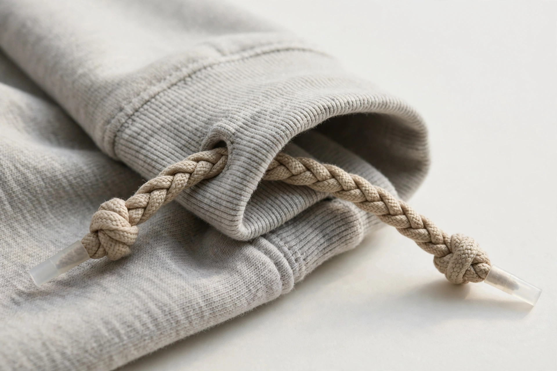 Close-up of a braided drawcord in a sweatpants waistband casing with knotted aglet ends