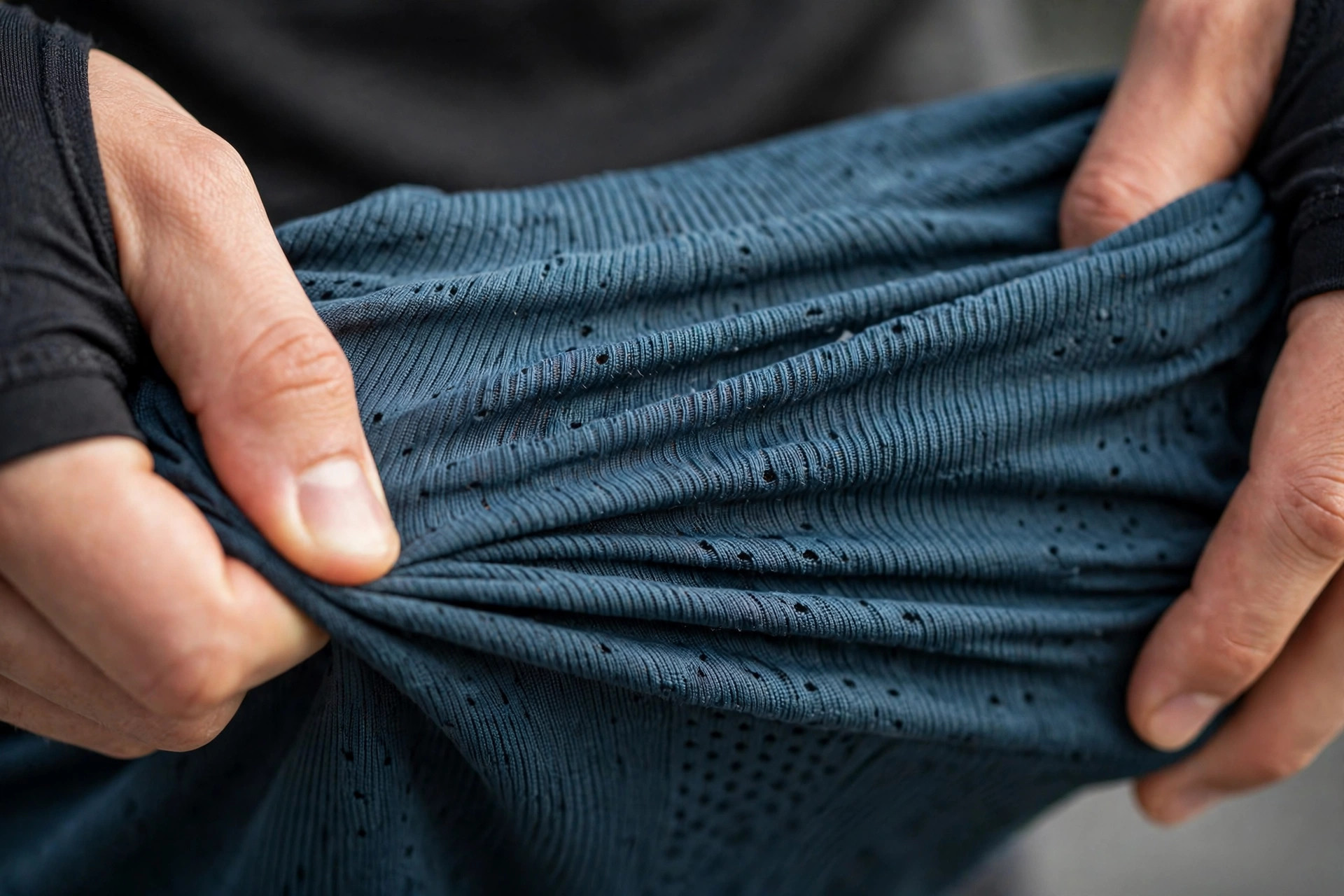 Stretchy athletic fabric being pulled to show elasticity