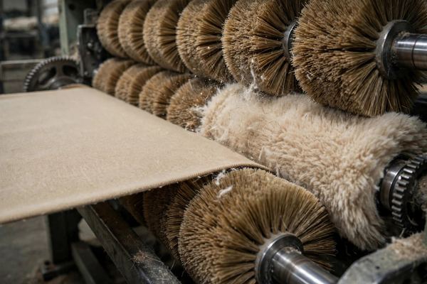 Fabric passing through rotating brushing rollers
