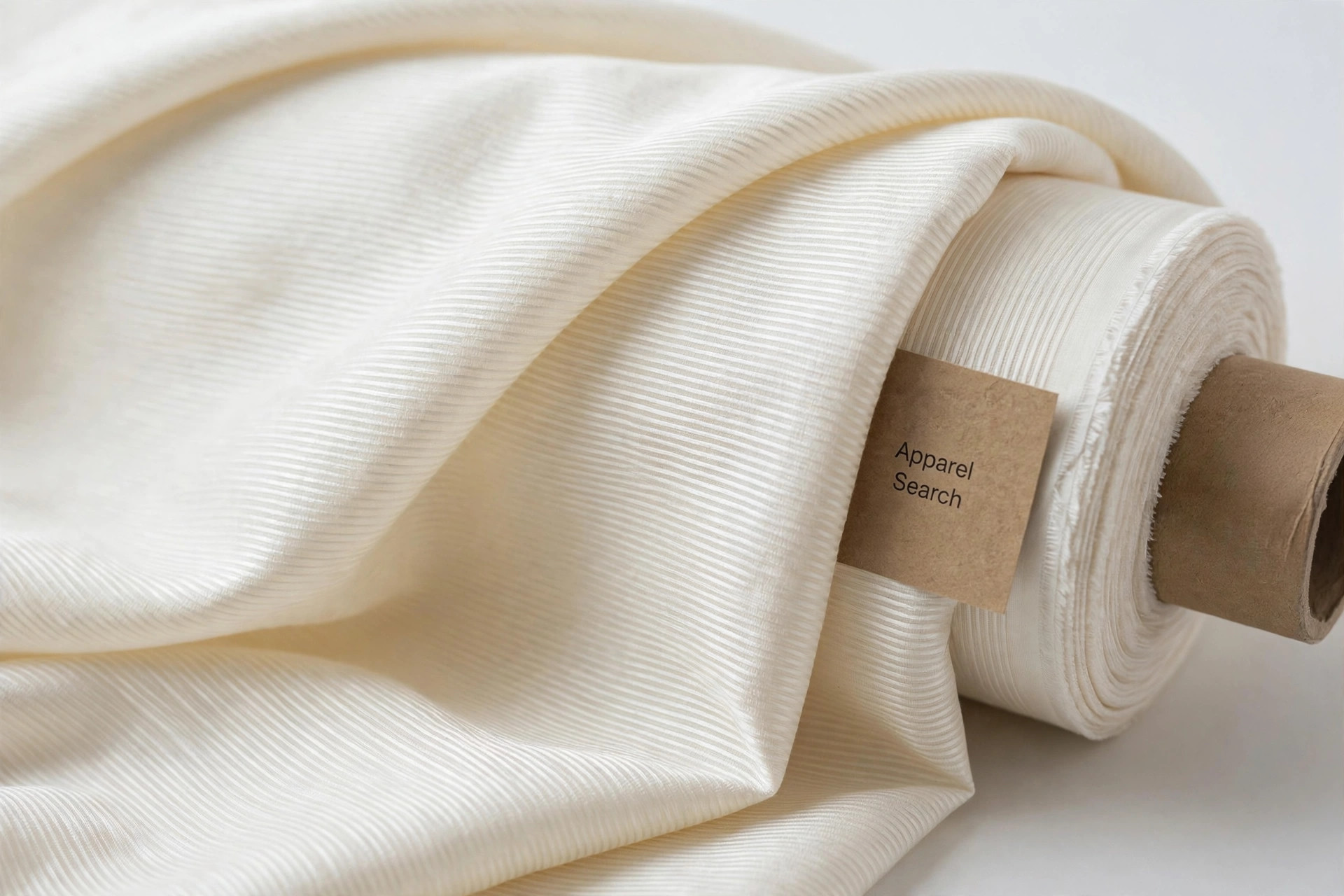 Close-up of ivory faille fabric showing fine crosswise ribs, draped on a fabric-store bolt with a small card reading Apparel Search