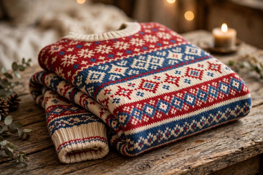 Traditional Fair Isle knit sweater with colorful geometric bands of pattern