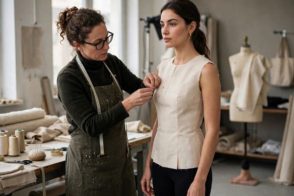 Designer adjusting a sample garment on a fit model