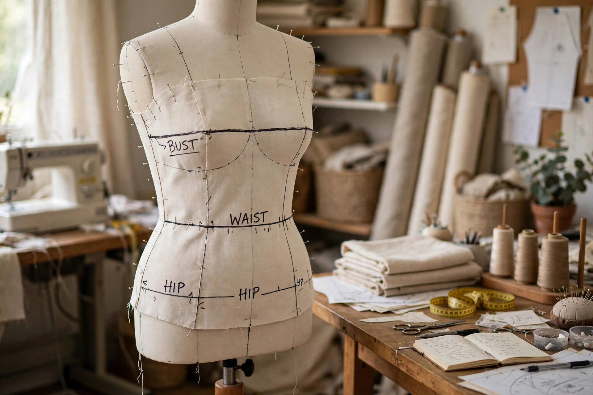 Plain muslin fitting shell on a dress form with balance lines drawn on it