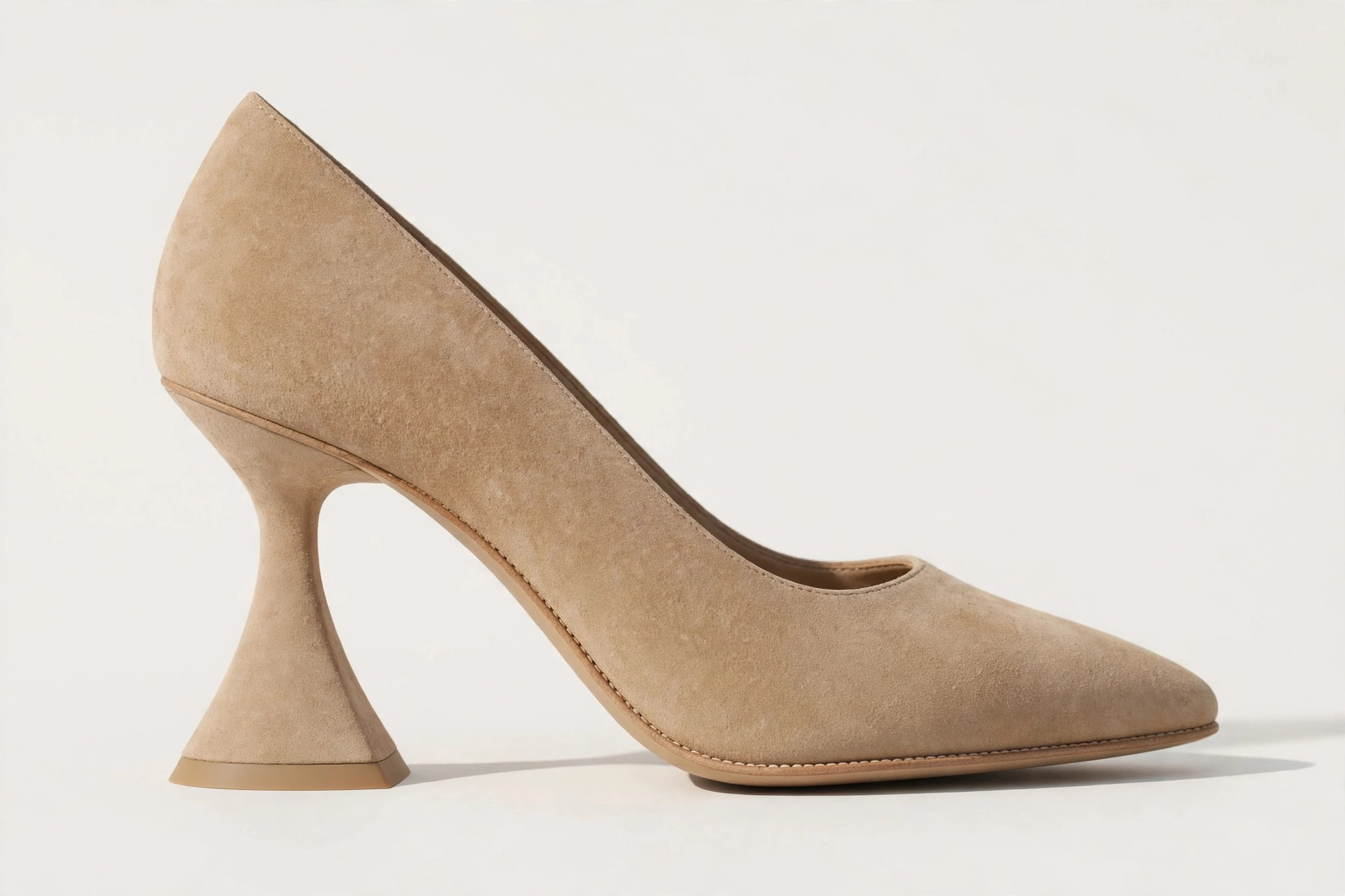Side view of a women's shoe with a flared heel that narrows at the top and widens outward toward the base
