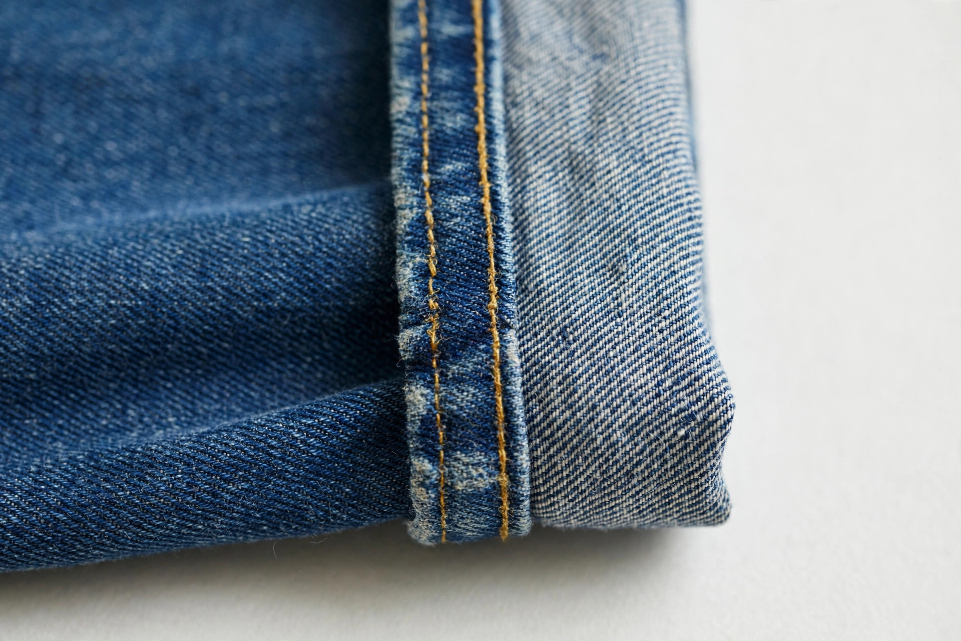 Close-up of a flat-felled seam with double stitching on denim jeans