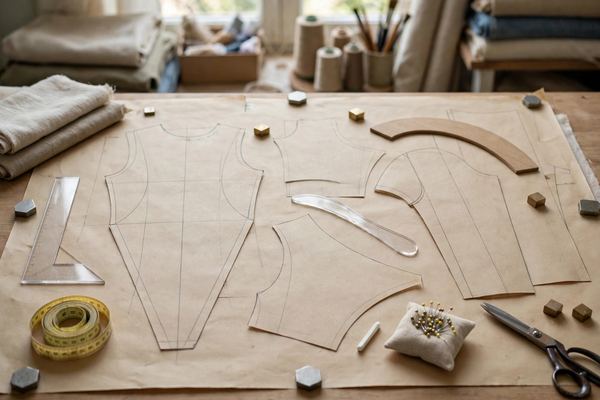 Flat pattern pieces being drafted with rulers