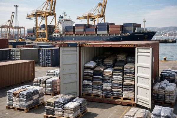 Container ship at port representing FOB international apparel trade
