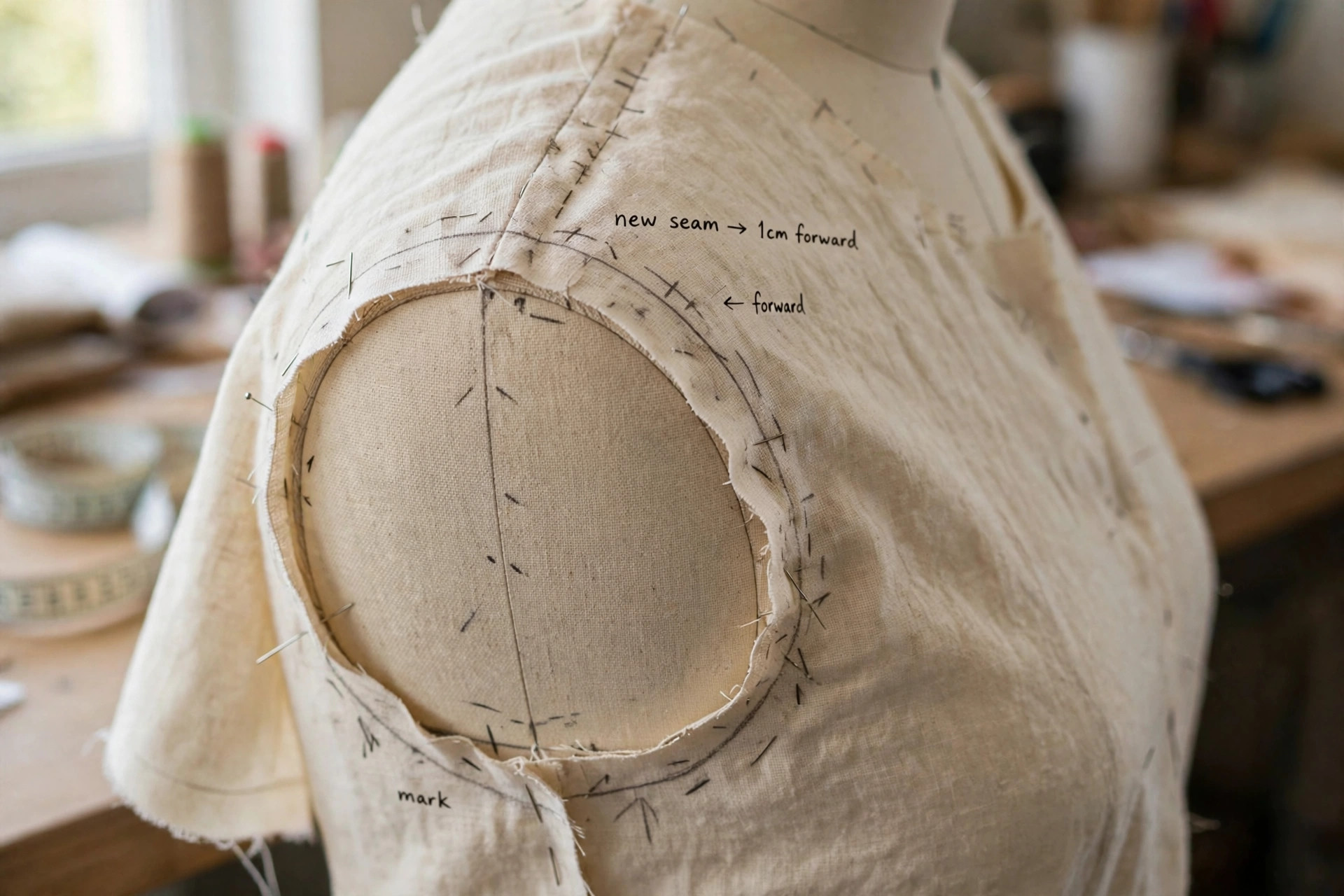 Shoulder seam of a muslin garment being re-marked forward on a dress form