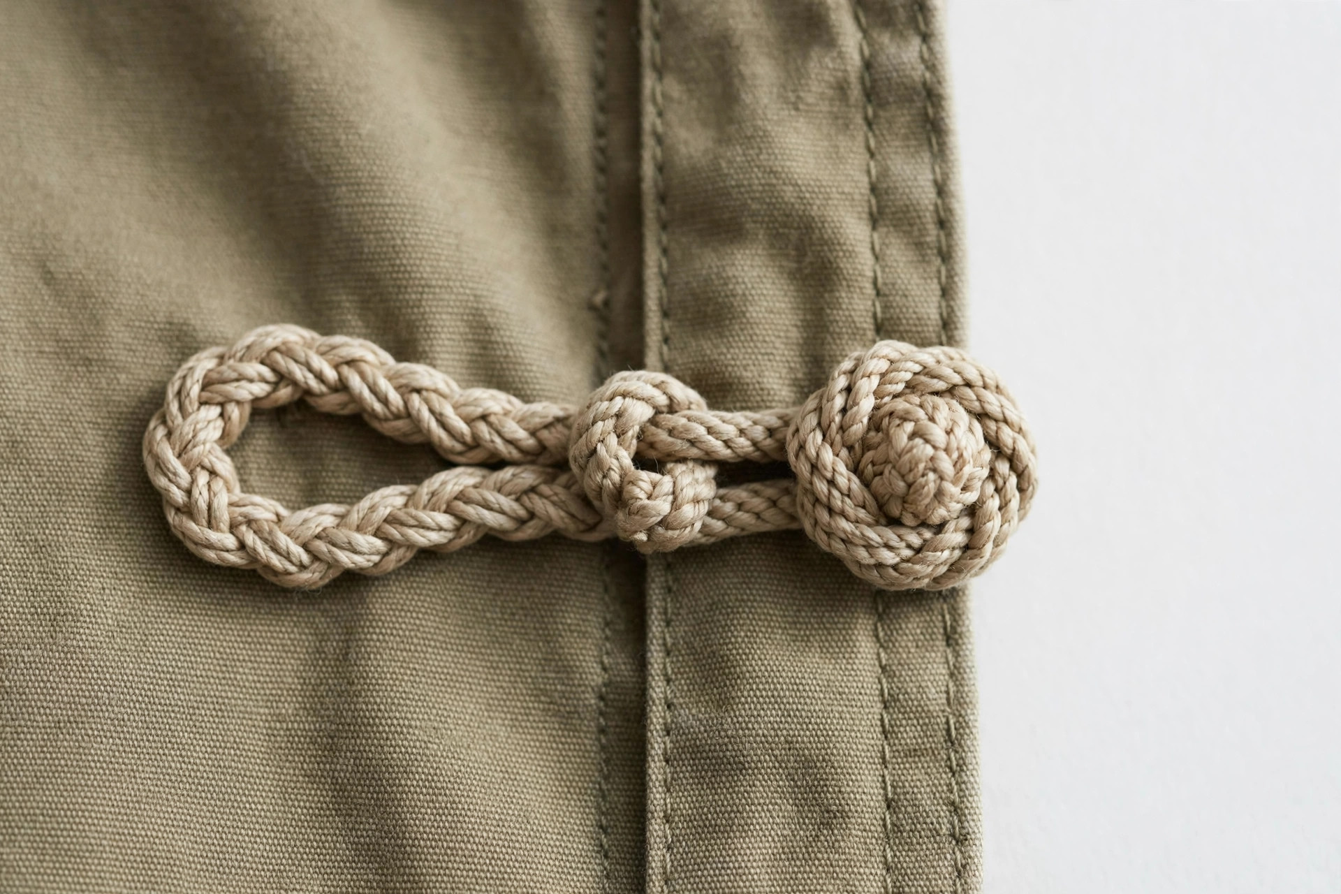Close-up of a braided frog closure with knot button on a jacket