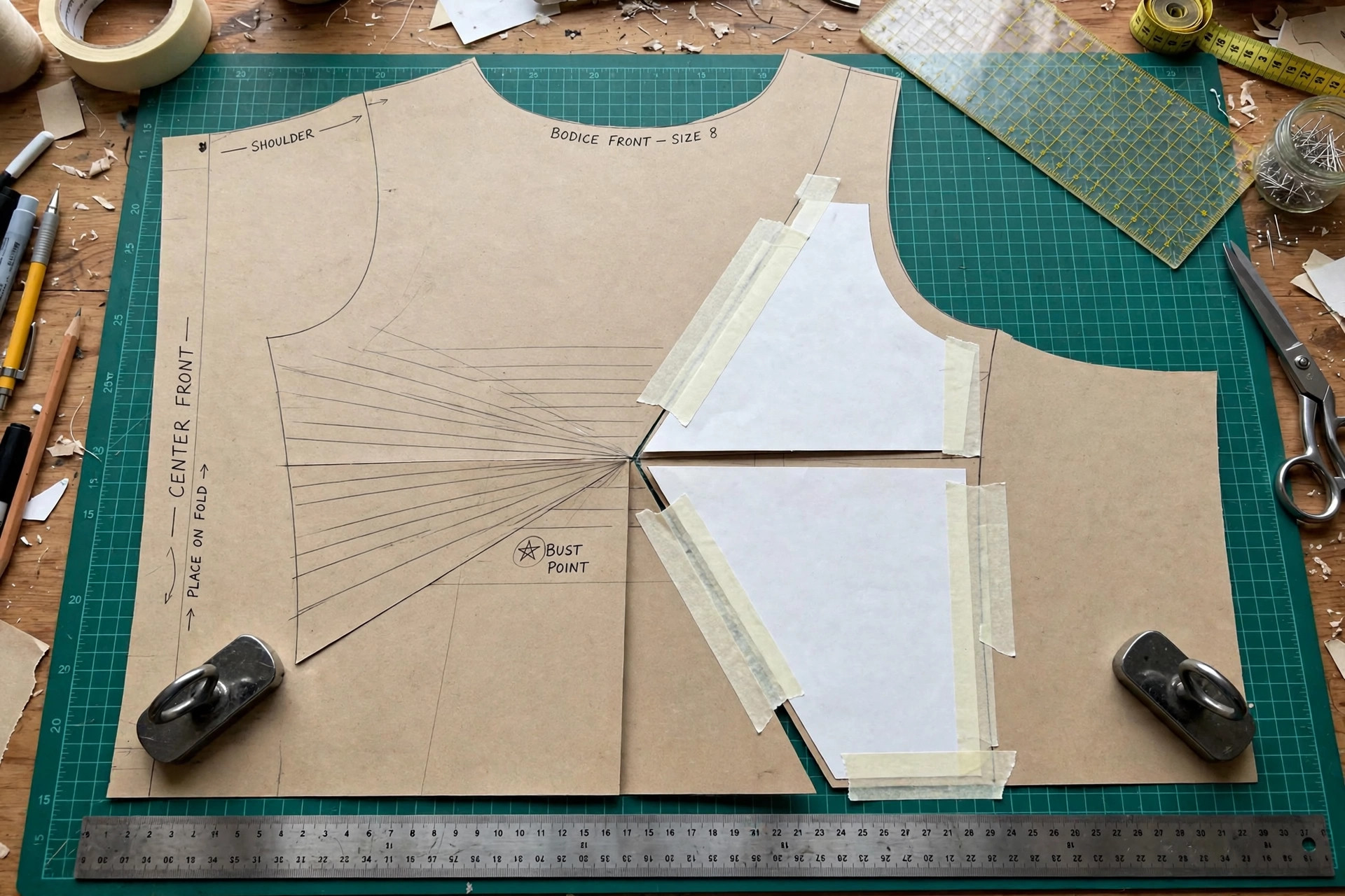 Pattern front being spread open at the bust point to add fullness on a cutting table