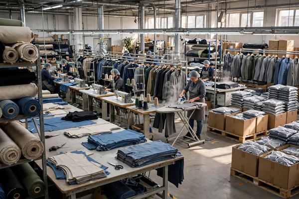 Complete garment factory production line from fabric to packaged clothing