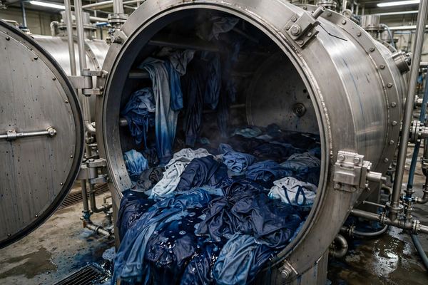 Finished garments being dyed in an industrial machine