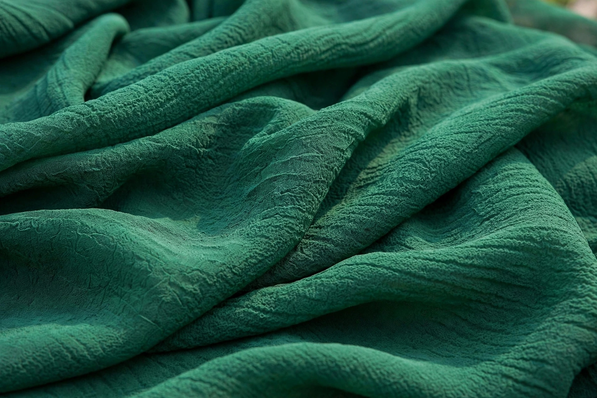 Emerald green georgette fabric with a grainy crepe texture
