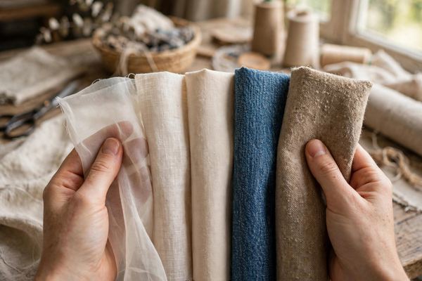 Hands comparing fabric swatches of different thicknesses