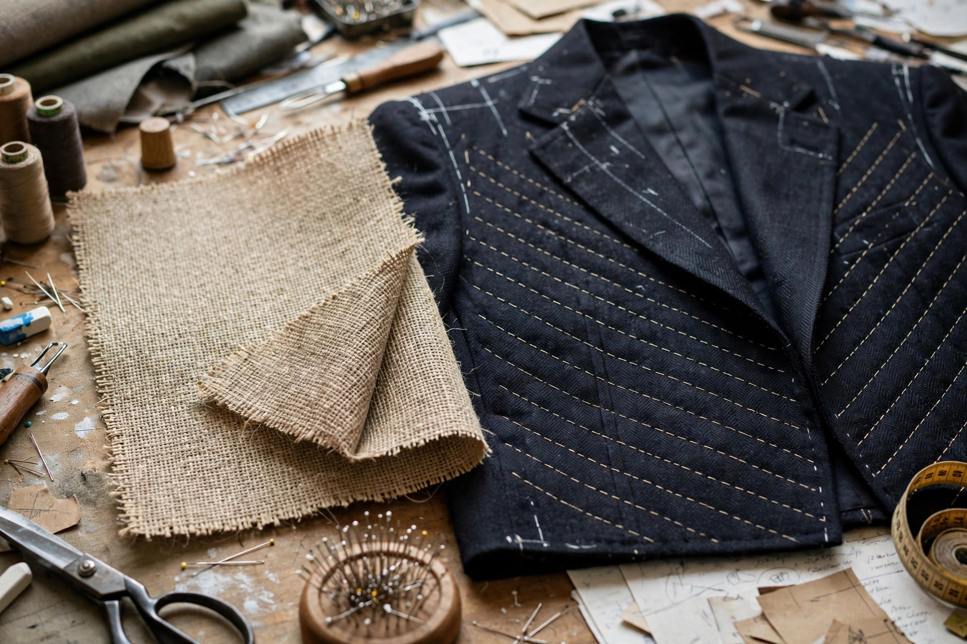 Piece of woven hair canvas interfacing beside a tailored jacket front with pad stitching