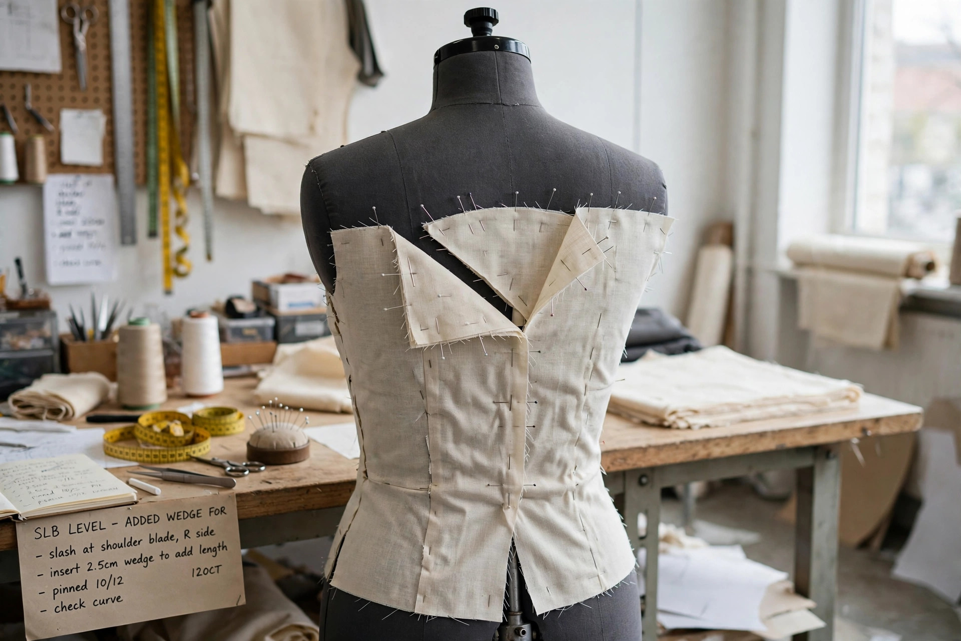 Back of a fitting muslin slashed open at shoulder-blade level to measure added length