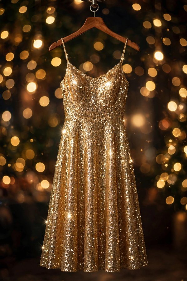 Sparkling sequin holiday party dress on a hanger against a festive background