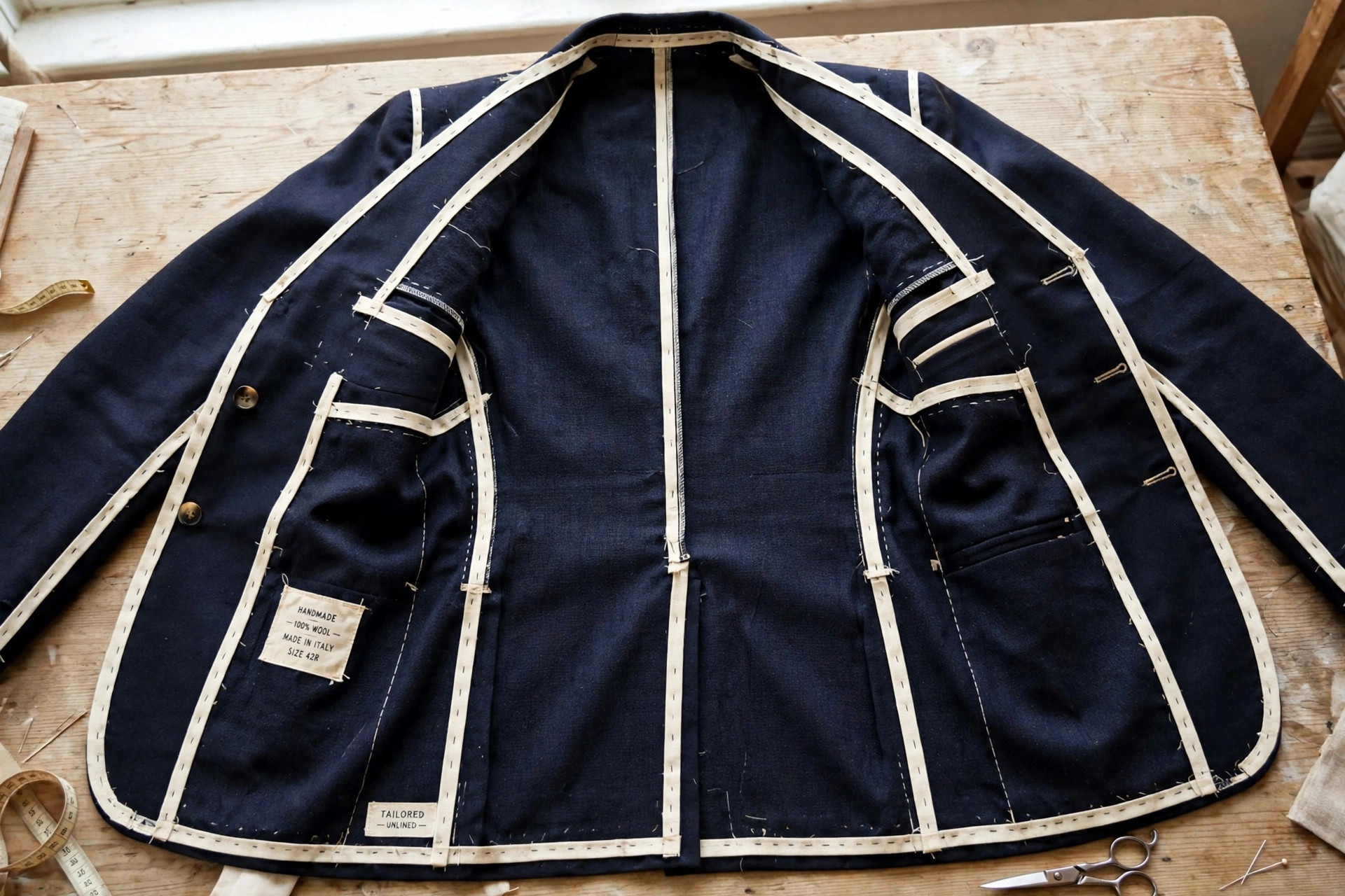 Inside of an unlined jacket showing seam allowances bound with bias strips