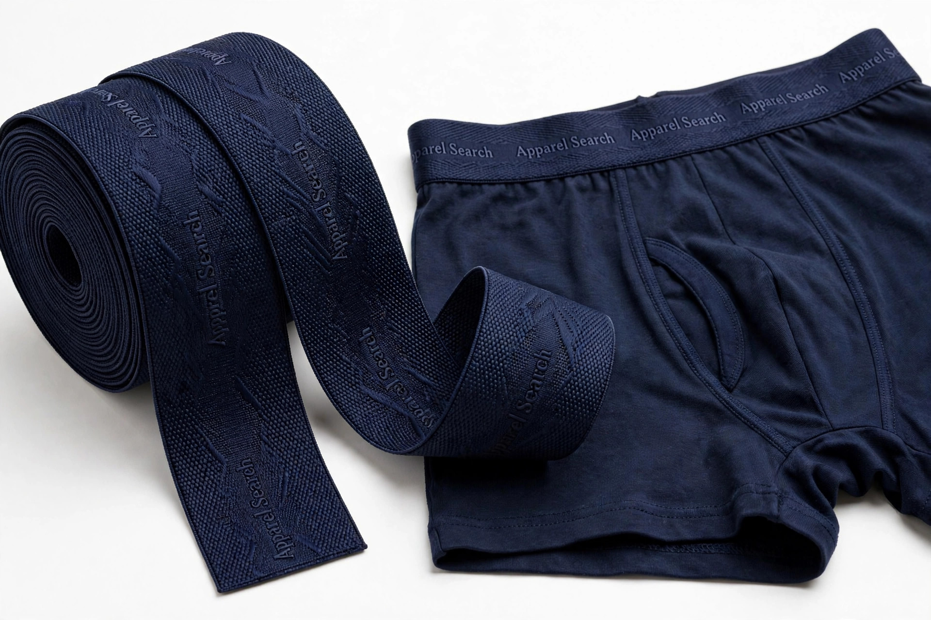 Roll of wide navy jacquard elastic with a repeating woven-in pattern and lettering, beside boxer briefs with the same elastic as the waistband