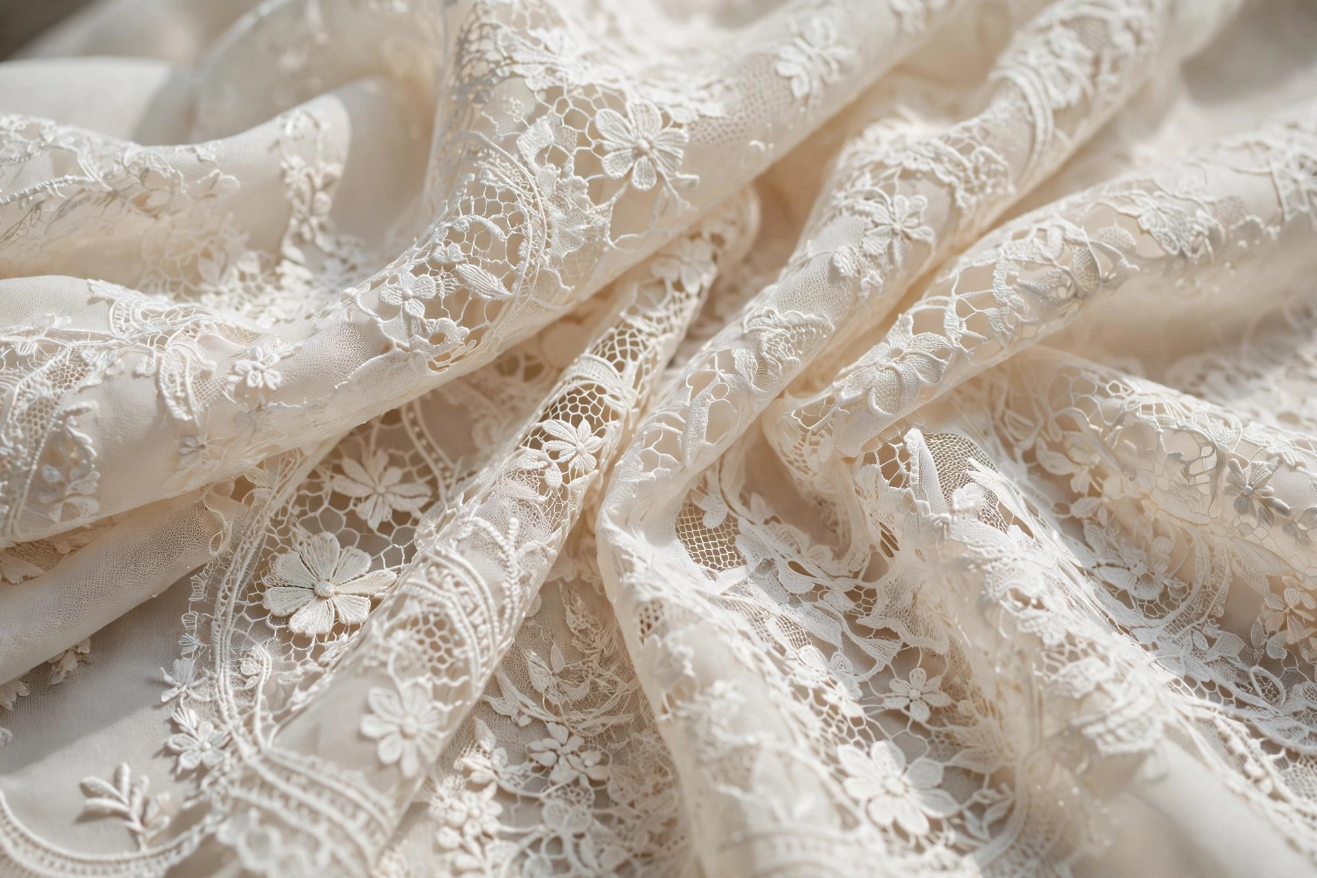 White floral lace fabric with an intricate openwork pattern on a soft background