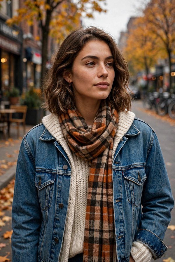 Person wearing a stylish layered fall outfit with jacket, sweater and scarf