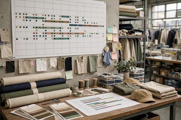 Production planning calendar with fabric rolls in a garment factory office
