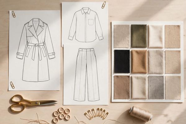 Fashion sketches and fabric swatches arranged as a wholesale line sheet